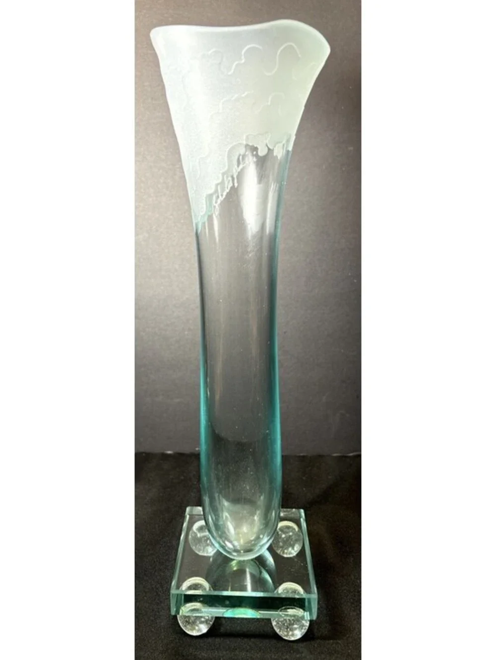VTG Salvatore Polizzi Signed Aqua Glass Vase Frosted Ruffled Top Art Deco 13.5”
